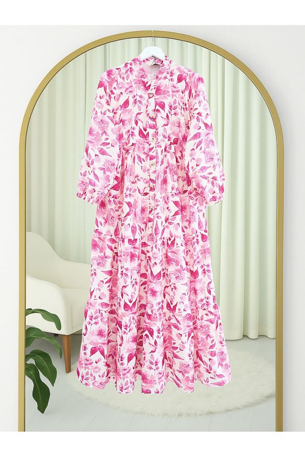 Modamorfo-Small Leaf Pattern Half Button Sleeve Elastic Dress -Fuchsia 1