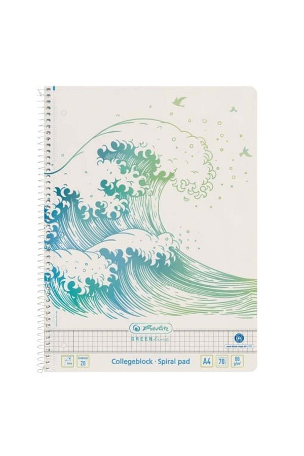 Herlitz-Caiet Greenline A4, Culoare Albastră, Material Hârtie, 70 de Coli, Legat Spiral, Format Grilă, Design Ondulat 1