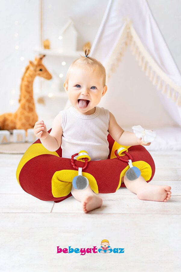 Bebeyatmaz Çıngıraklı Kırmızı Sarı Bebek Oturma Destek Minderi Bebek Koltuğu