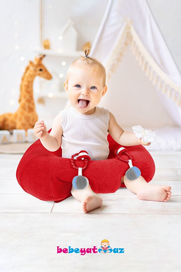 Bebeyatmaz Çıngıraklı Kırmızı Bebek Oturma Destek Minderi Bebek Koltuğu