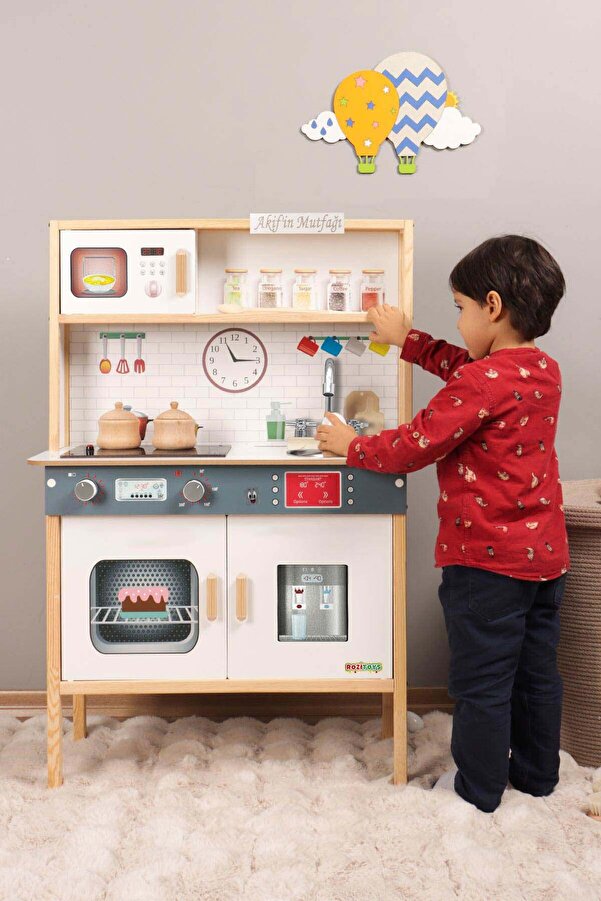 ROZİTOYS Ahşap Oyuncak Mutfak Montessori Mutfak, Led Ocaklı Çocuk Mutfağı, Hediye Halı DBK101