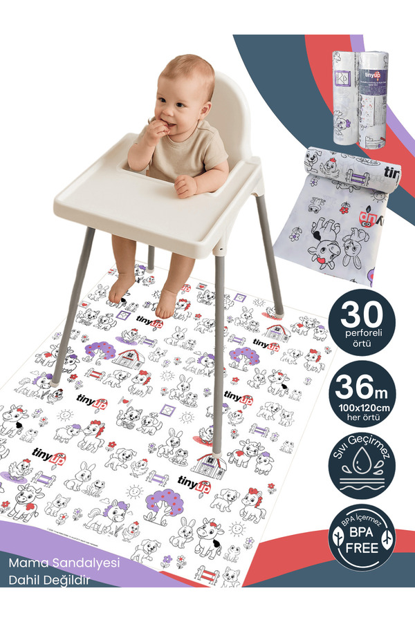 Tinyup Tek Kullanımlık Mama Sandalyesi Altı & Aktivite Örtüsü - 100x120 Cm – 30 Adet Sıçrama Koruyucu Matı