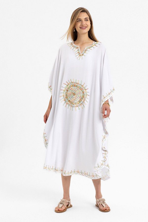 Deriderim-Rochie caftan scurtă din bumbac alb brodat cu mâneci liliac 1
