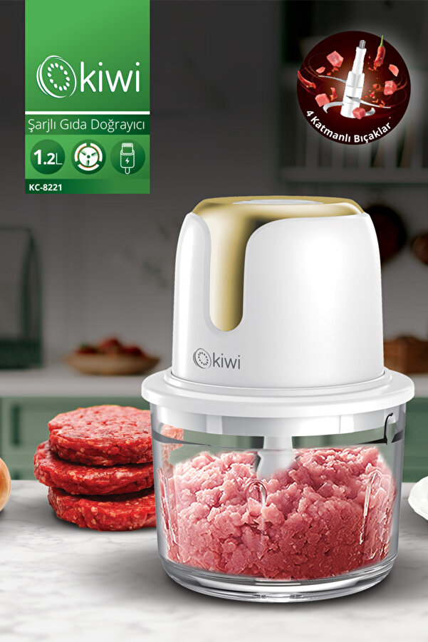 Kiwi Kc-8221 Kablosuz Şarjlı Gıda Doğrayıcı – 1.2L Cam Hazne, Paslanmaz Çelik Bıçaklı Mutfak Robotu