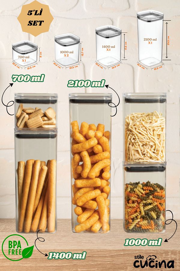 Stile Cucina-Set of 5 Vacuum Sealed Square Food, Flour, Pulses Storage Containers - 1X700 ml - 2X1000 ml - 1X1400 ml - 1X2100 ml 1