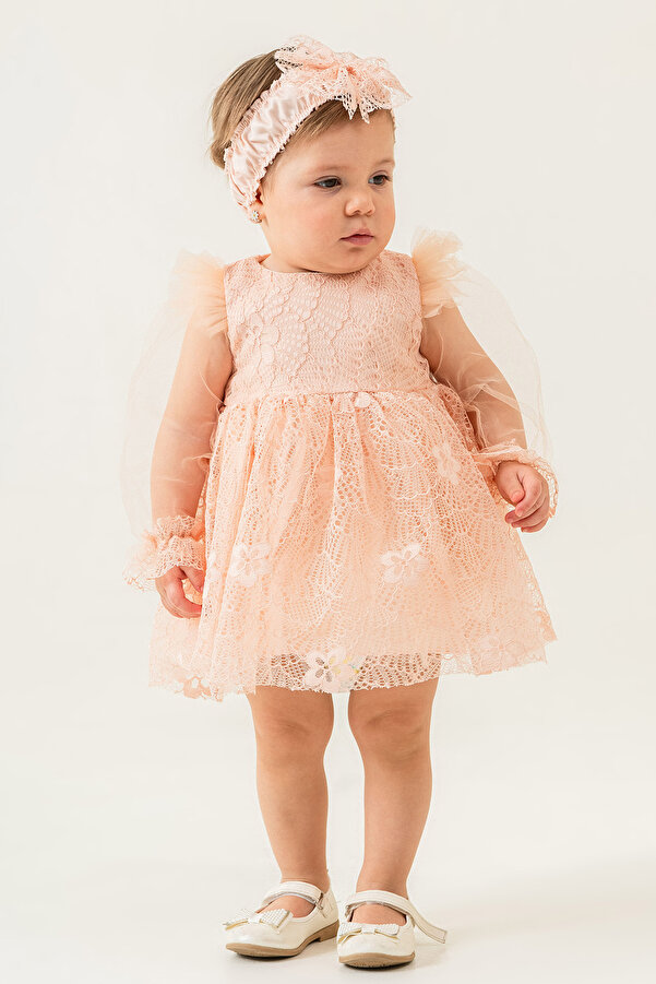 Eray Kids Kız Bebek Abiye Elbise Bandana Hediyeli Kolları Tül Dantelli Düğün Mevlit Doğum Günü 9-24 Aylık