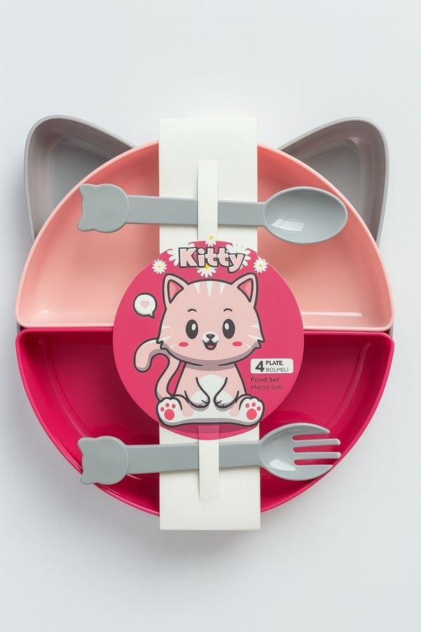 WAPPA Kitty 4 Bölmeli Mama Beslenme Tabağı Ve Çatal Kaşık Seti Mor (7 PARÇA)