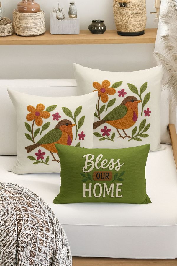 Bertille Home-Set de 3 huse de pernă cu imprimare digitală pe două părți (aspect de broderie cu model de puncție) 1