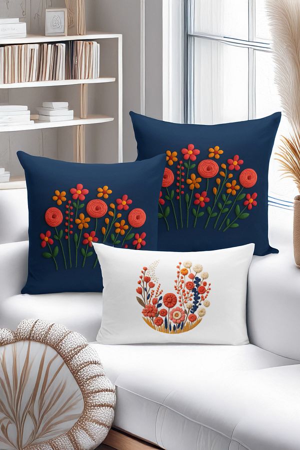 Bertille Home-Set de 3 huse de pernă cu imprimare digitală pe două părți (aspect de broderie cu model de puncție) 1