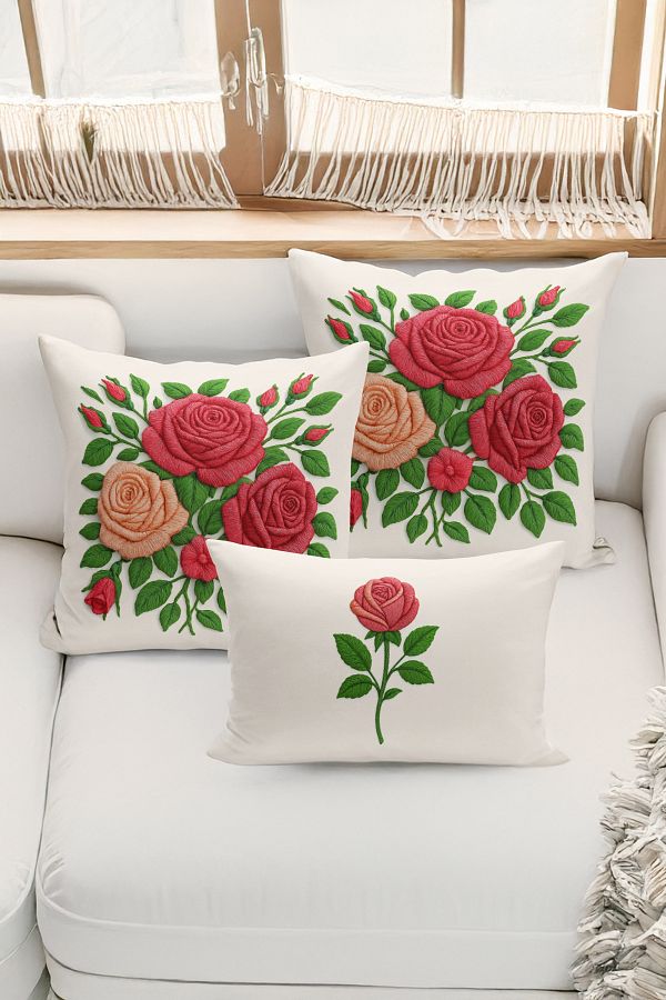 Bertille Home-Set de 3 huse de pernă cu imprimare digitală pe două părți (aspect de broderie cu model de puncție) 1