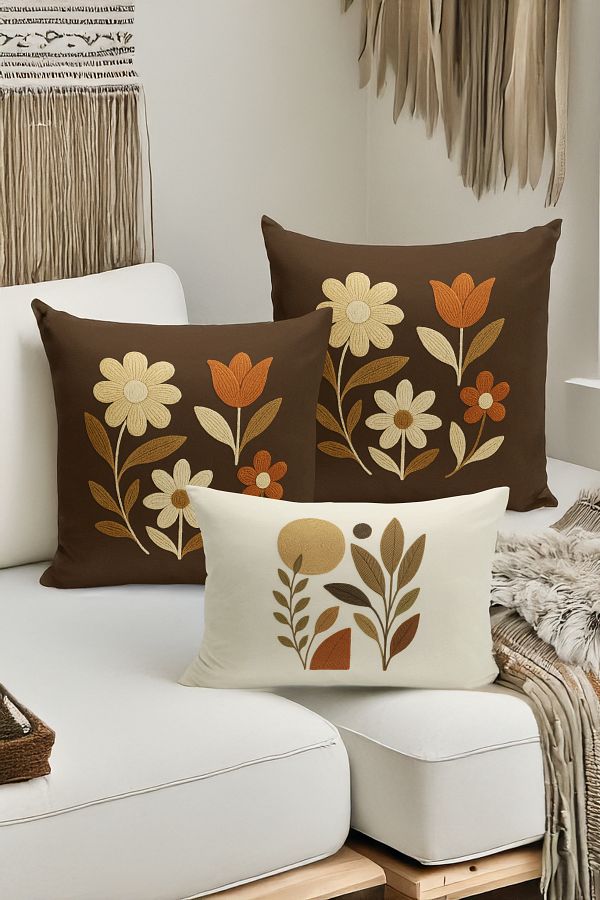 Bertille Home-Set de 3 huse de pernă cu imprimare digitală pe două părți (aspect de broderie cu model de puncție) 1