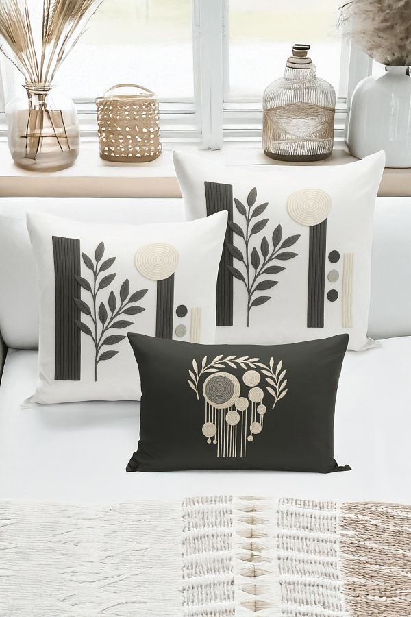 Bertille Home-Set de 3 huse de pernă cu imprimare digitală pe două părți (aspect de broderie cu model de puncție) 1