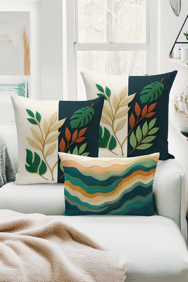 Bertille Home-Set de 3 huse de pernă cu imprimare digitală pe două părți (aspect de broderie cu model de puncție) 1