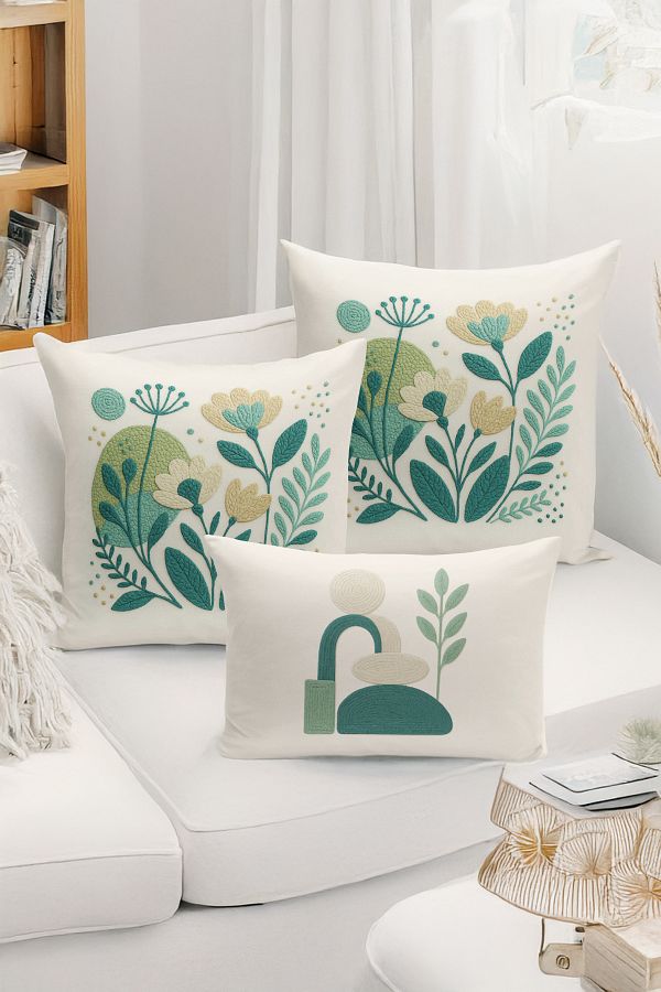 Bertille Home-Set de 3 huse de pernă cu imprimare digitală pe două părți (aspect de broderie cu model de puncție) 1
