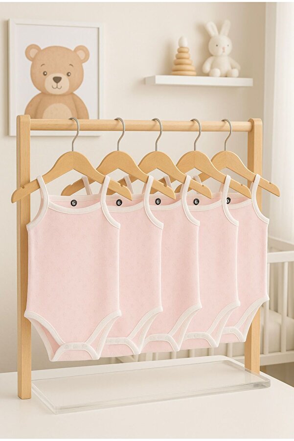 GEZEGENX 4 Adet Askılı Bebek Çıtçıtlı Body Atlet Pembe Zıbın %100 Pamuk