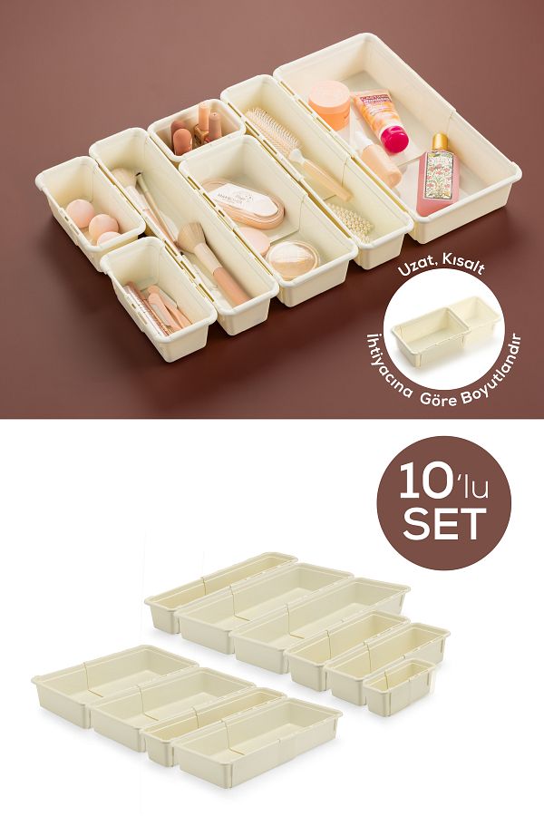 Vienev-Set of 10 Adjustable Drawer Organizer Boxes – Extendable and Shortenable Organizer Set (5A2B2C1D) 1