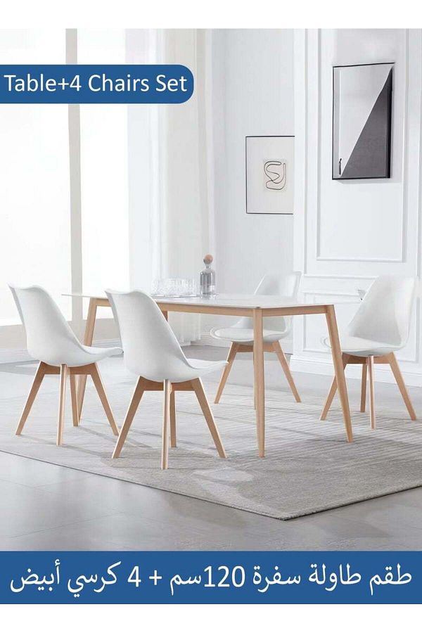 Taimi-طقم طعام من 5 قطع، طاولة طعام مستطيلة | 120×60×75 سم مع 4 كراسي بيضاء بمقاعد ناعمة مبطنة 1