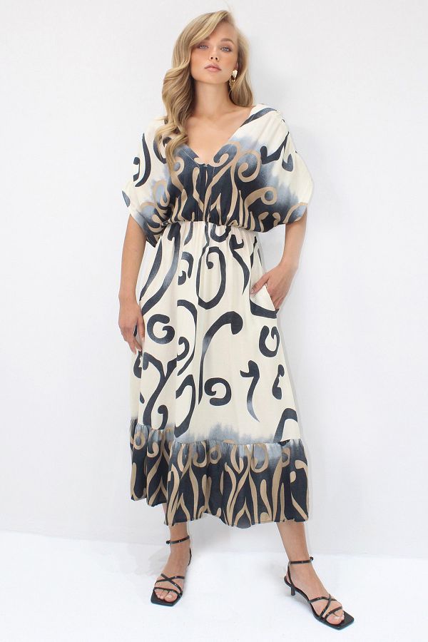 VAGGON-Rochie de vară țesută pentru femei, negru-bej, față, spate, cu decolteu în V, cu model, cu volan Prmx14199 1
