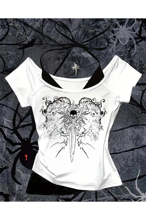 Touz Moda-Gothic Skeleton Collar Short Sleeve Full Body Crop with Additional Strap 1