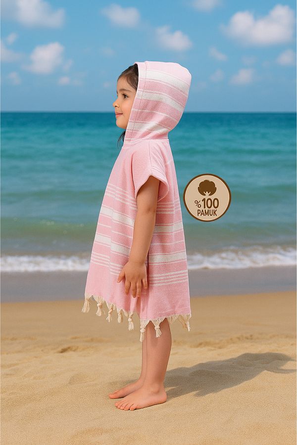 Formeya-Kinder-Bademantel, Poncho, 100 % Baumwolle, Strandtuch, Pestemal, Rosa 1