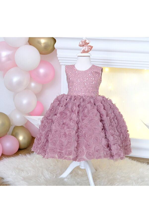 My Baby By Merry Outlet 1 yaş kız çoçuk pudra payetli kabarık düğün elbisesi - Gül detaylı doğumgünü partisi elbisesi