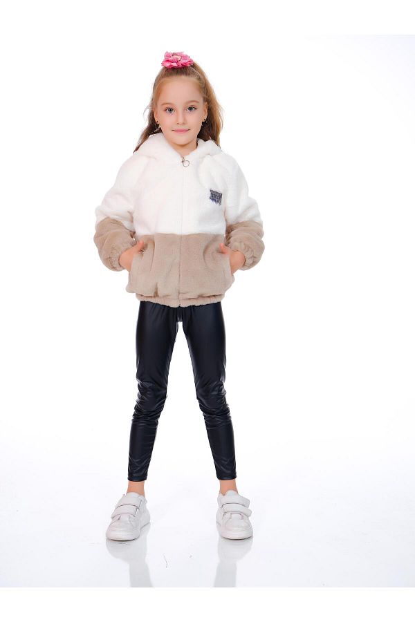 Kamex-Two Color Plush Coat with Zipper and Welsoft Inside Beige White 1