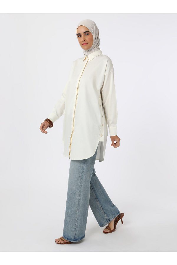 Refka-Button Detailed Poplin Tunic - Ecru - 1