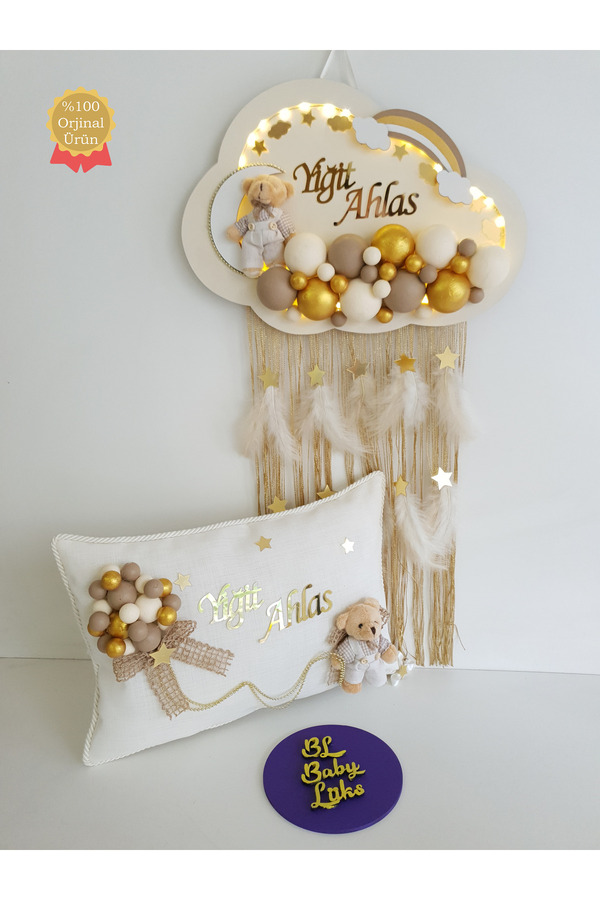 BL Baby Lüks Bubble Ledli Bulut Bebek Kapı Süsü Ve Yastık Krem Zemin Gold Top