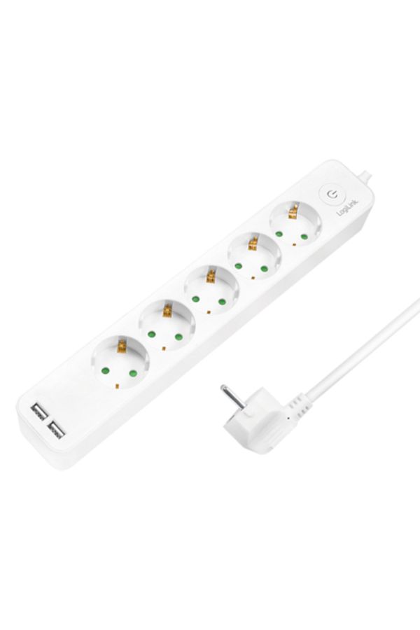 LogiLink-Prelungitor LPS249U cu întrerupător iluminat, 5 prize, 2xUSB 5 V/2.1 A 10.5 W, cablu 1.5 m, 1