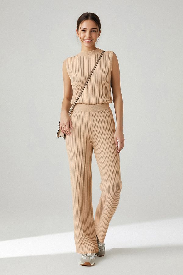Trendyol Collection-Powder Corded Crew Neck Blouse-Pants Bottom-Top Suit Twoss25Au00071 1