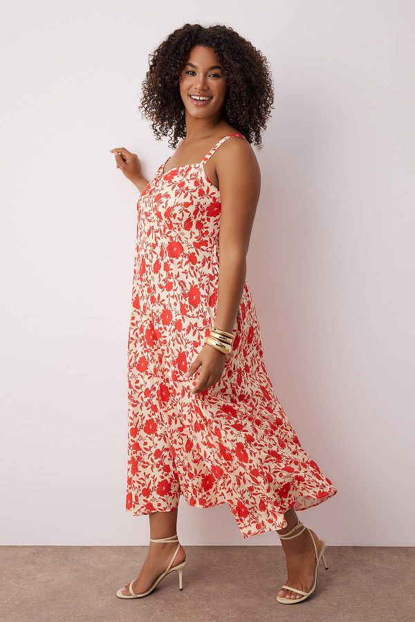 Trendyol Curve-Rosa geblümtes Midi-Webkleid in Übergröße TBBSS25AH00228 1