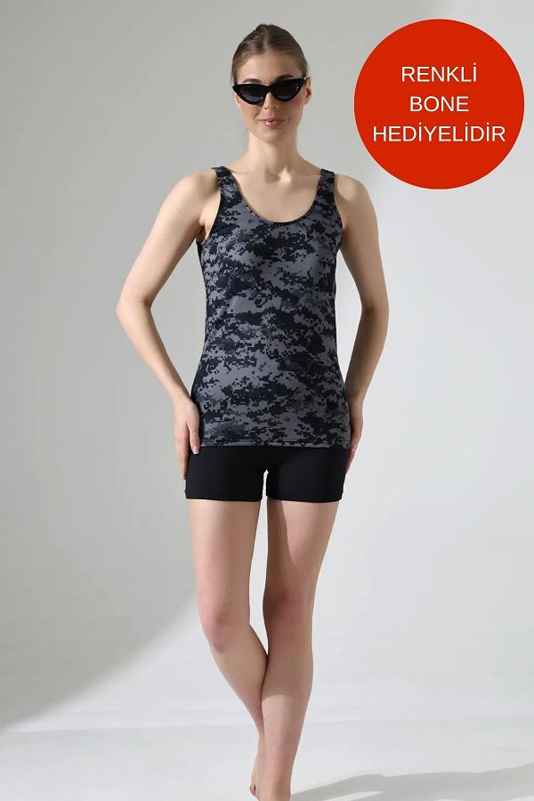 aykum-Tankini with Flexible Lycra Shorts - Lined and Camouflage Pattern 1