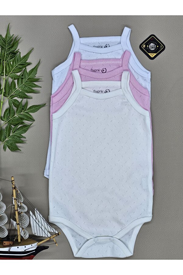 vieso %100 Pamuk 3'lü İp Askılı Bebek Çıtçıtlı Body jakarlı Kumaş
