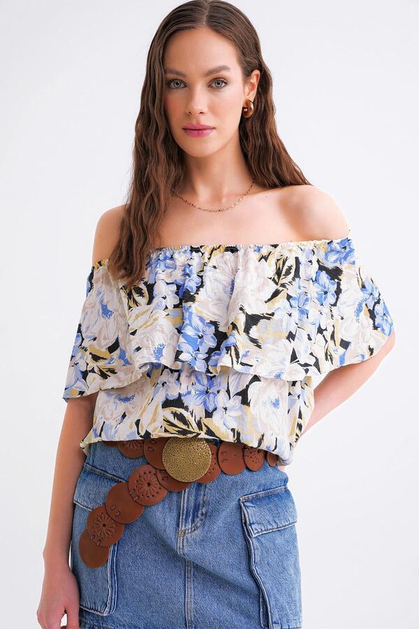 Mixray-4648 Bluză de damă, fără umăr, cu volan, cu imprimeu floral, albastru 1