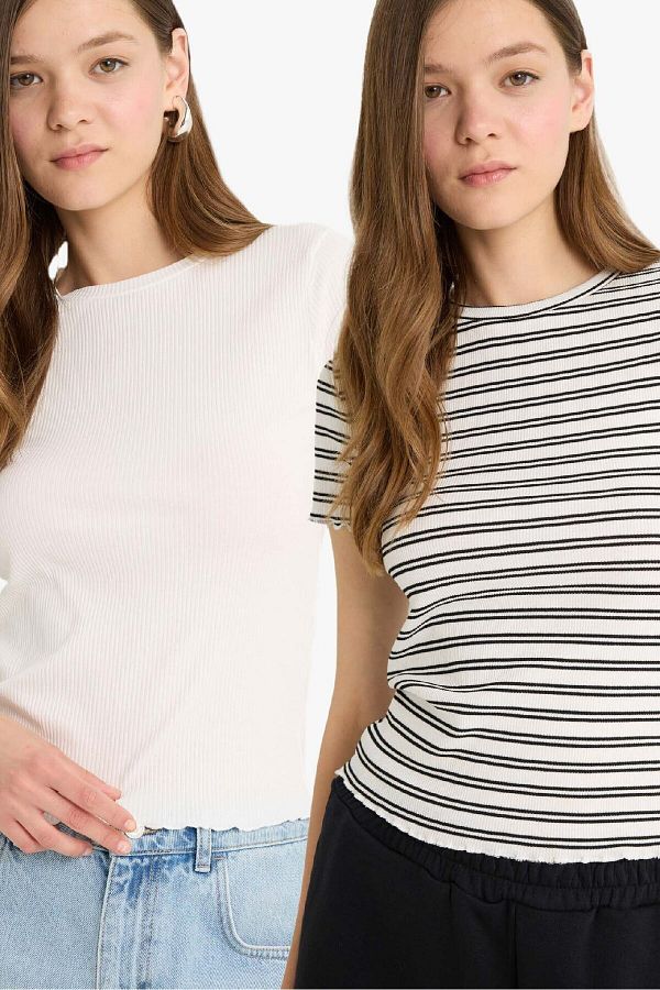 DeFacto-Regular Fit Rundhals 2er-Pack Ripp-Kurzarm-T-Shirt F5900AX25SM 1