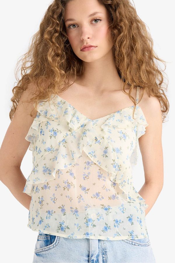 DeFacto-Bluse mit Blumenmuster aus Chiffon mit normaler Passform und V-Ausschnitt F2245AX25SM 1