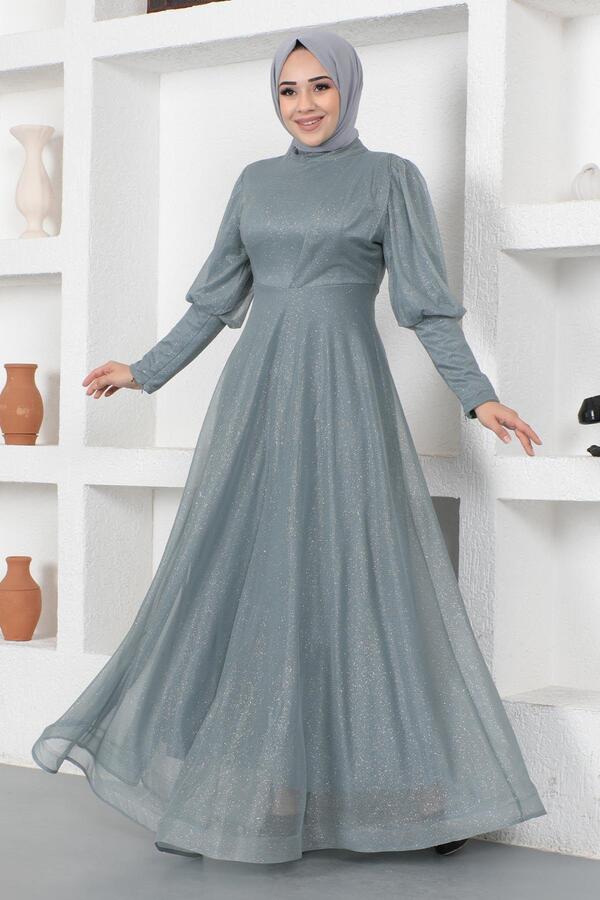 Modamihram-Silbriges Abendkleid mit Reißverschluss-Manschetten-Detail, Grau 12253 1