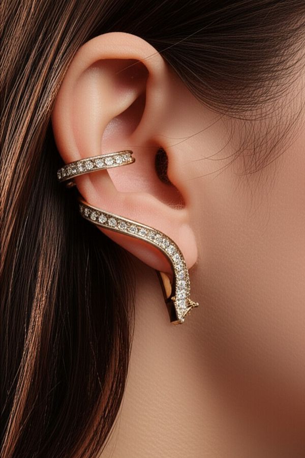 Leo'Stone-Snake Design Array Baguette Zircon Stone Earcuff Earrings Gold 1