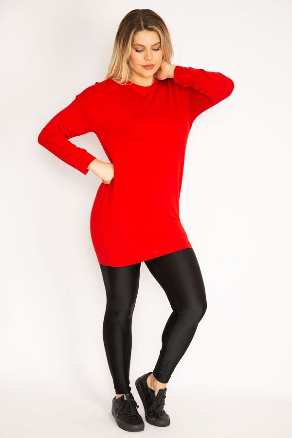Şans-Women's Large Size Red Tunic with Banded Sleeves and Hem 65n31035 1