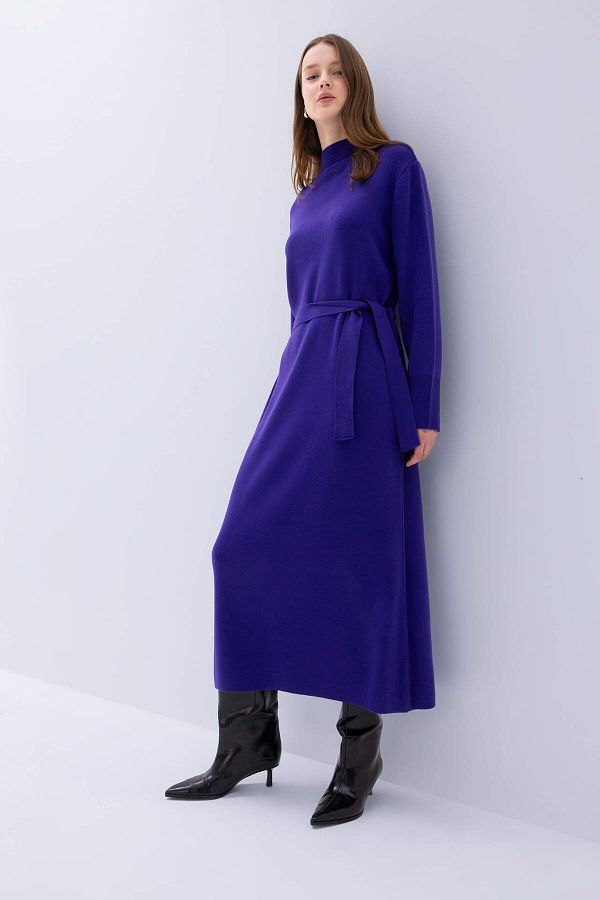 DeFacto-Langärmliges Maxi-Strickkleid mit Rollkragen – Bindedetail, normale Passform D9000AX24WN 1