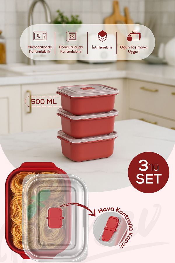 Vienev-Set of 3 Rectangular Storage Containers with Lid Suitable for Microwave - 500 ml 1