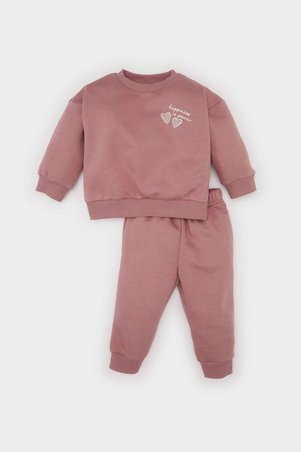 DeFacto-Set de 2 bucăți pentru fetiță, hanorac imprimat cu decolteu, pantaloni de sport cu talie elastică D0813A524WN 1