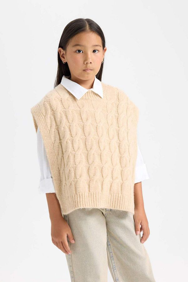 DeFacto-Girl's Crew Neck Hair Braid Patterned Knitwear Sweater C9659A824Wn 1