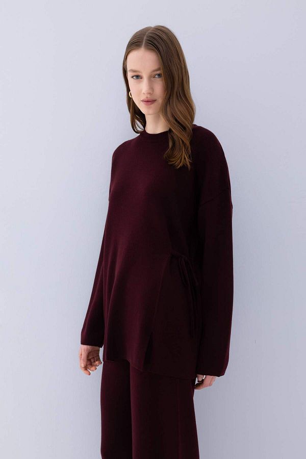 DeFacto-Regulär Fit Rundhalsausschnitt Bindeband Basic Unifarbene Strickpullover Tunika D7508AX24WN 1