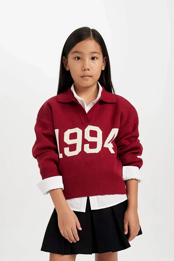 DeFacto-Mädchen Kind Schule Rot Polo Kragen Strick Pullover C9666A824WN 1