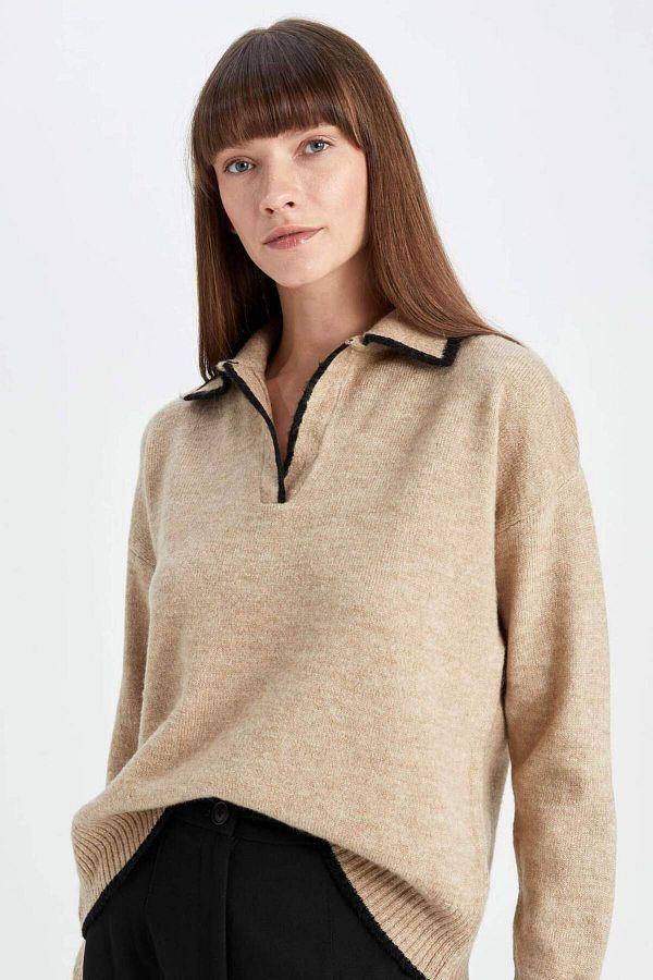 DeFacto-Regular Fit Weicher Strukturierter Polo Kragen Strickpullover A3868AX24WN 1