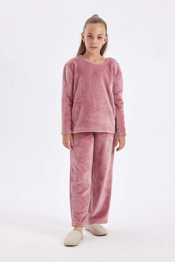 DeFacto-Mädchen-Pyjama-Set aus Fleece mit langen Ärmeln und langem Unterteil D1088A824WN 1