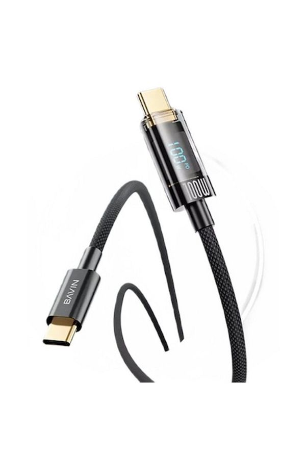 Bavin-Cablu de date cu încărcare rapidă CB309-CC, USB-C la USB-C, 100W, afișaj digital, 1,2 m, negru 1
