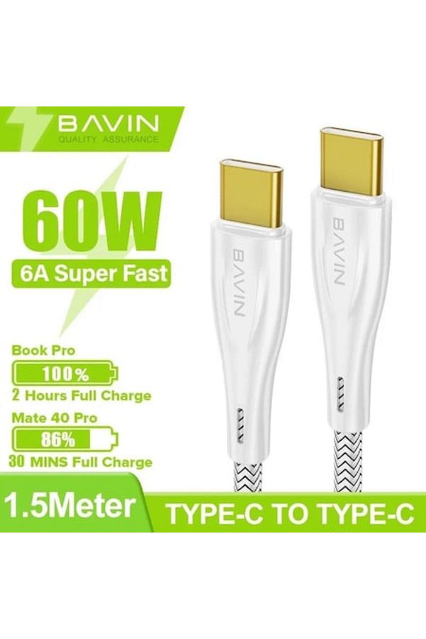 Bavin-Cablu de date și încărcare rapidă CB228, USB-C la USB-C, 60W, 1,5m, alb 1
