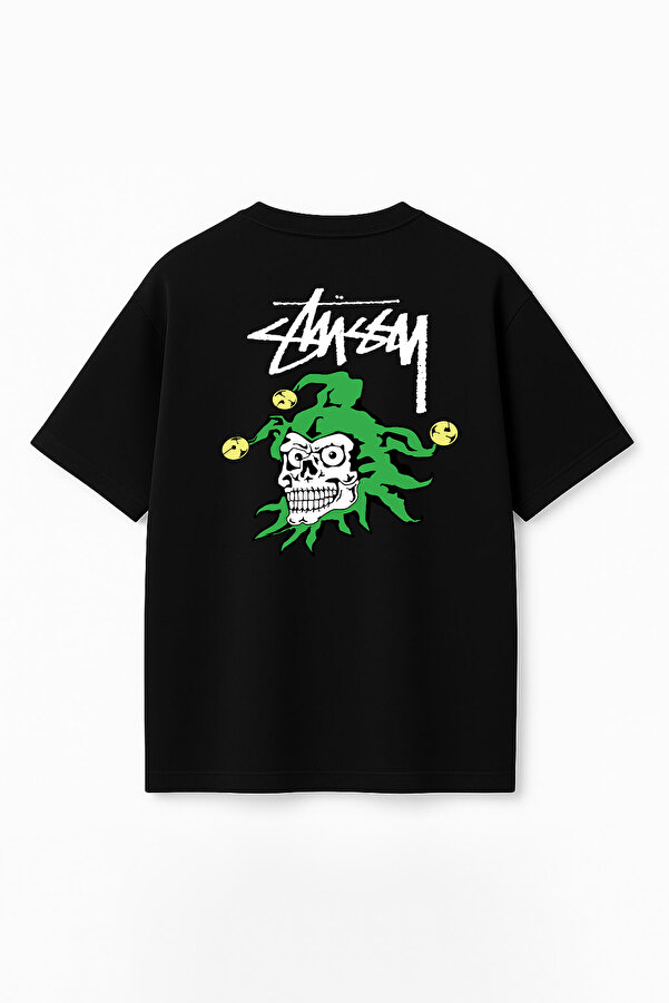 Unisex Stüssy Joker Baskılı Oversize %100 Pamuk Geniş Kesim Dokulu Bisiklet Yaka T-Shirt RF0538